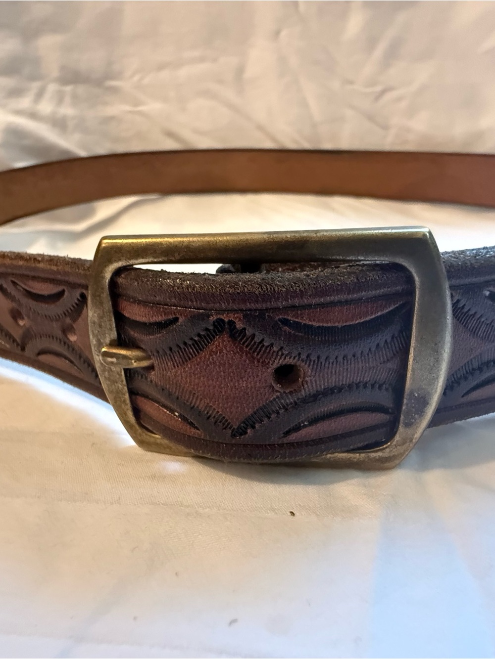 Leather Tooled Brown Men's Belt with Antiqued Brass Buckle